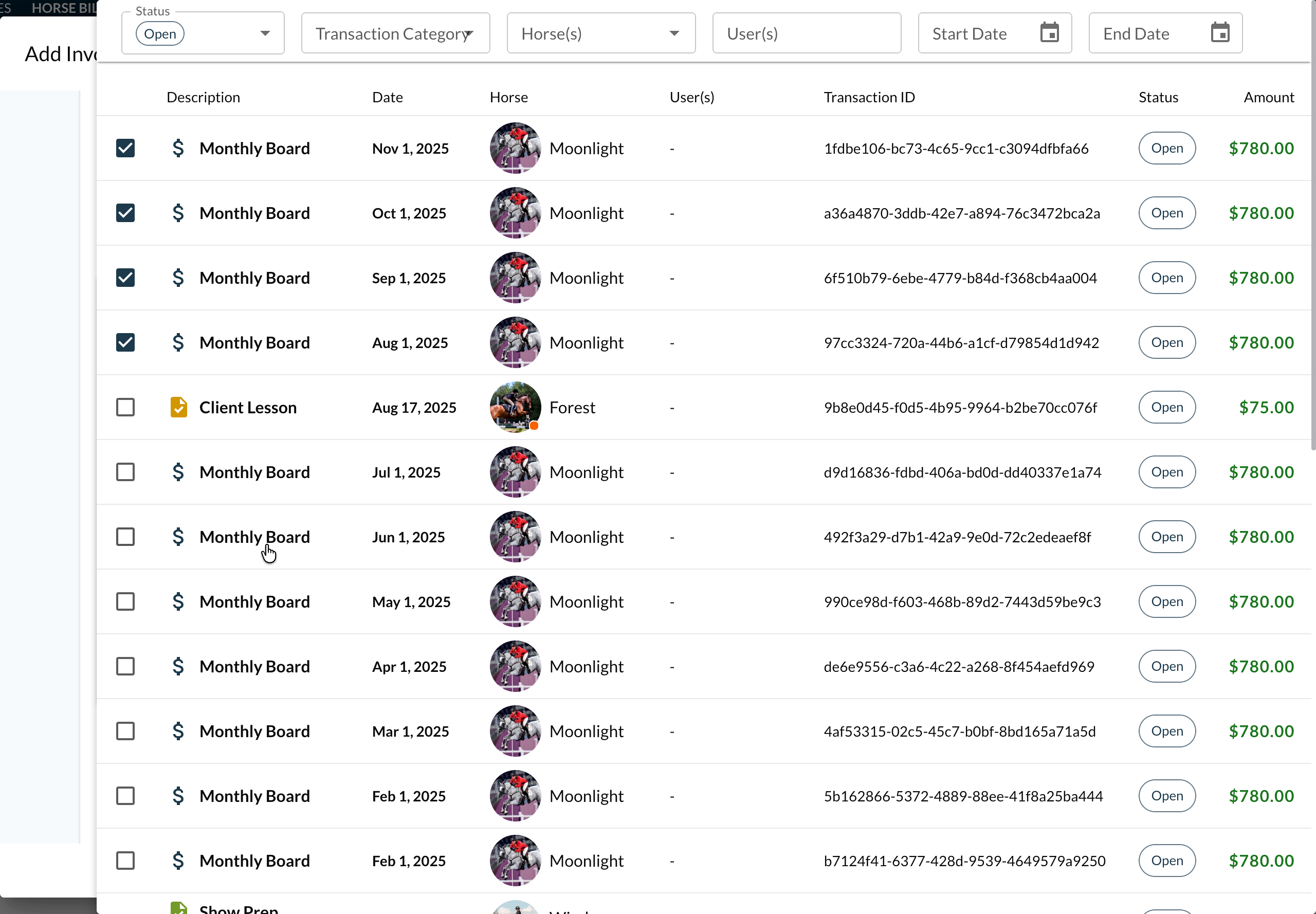 Questri Interface showing unbilled items checklist